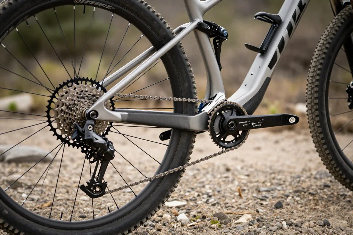 Zbliżenie na napęd roweru górskiego z systemem 1x12 na szlaku.