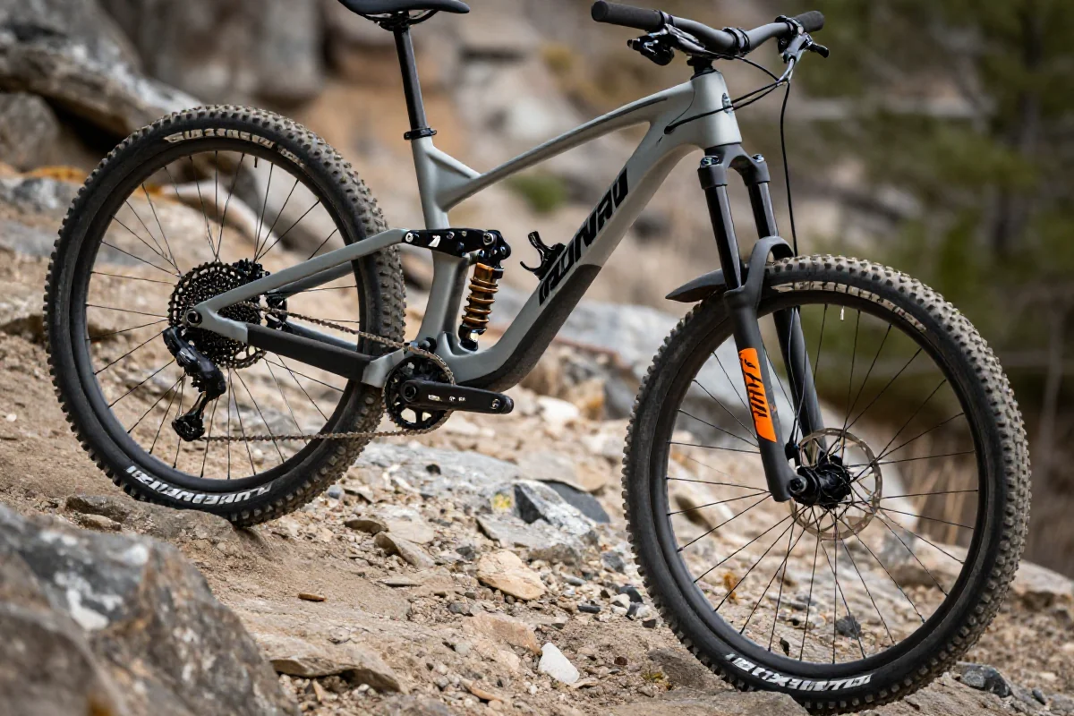 Nowoczesny rower górski na stoku, techniki jazdy MTB, podjazdy.