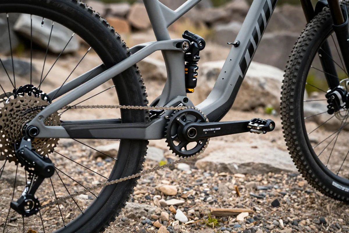 Szczegóły roweru górskiego na trudnym terenie, podkreślające siłę nóg w MTB.