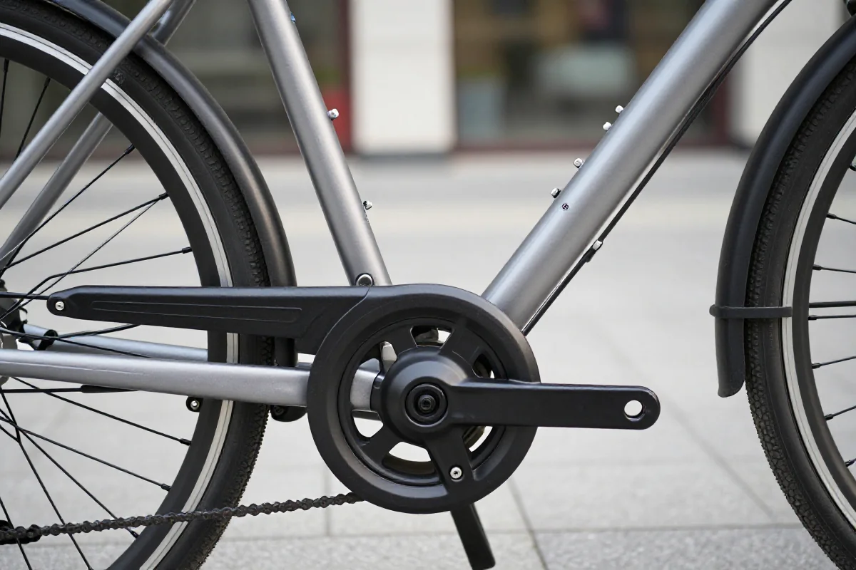 Widok z bliska na silnik centralny w rowerze miejskim.