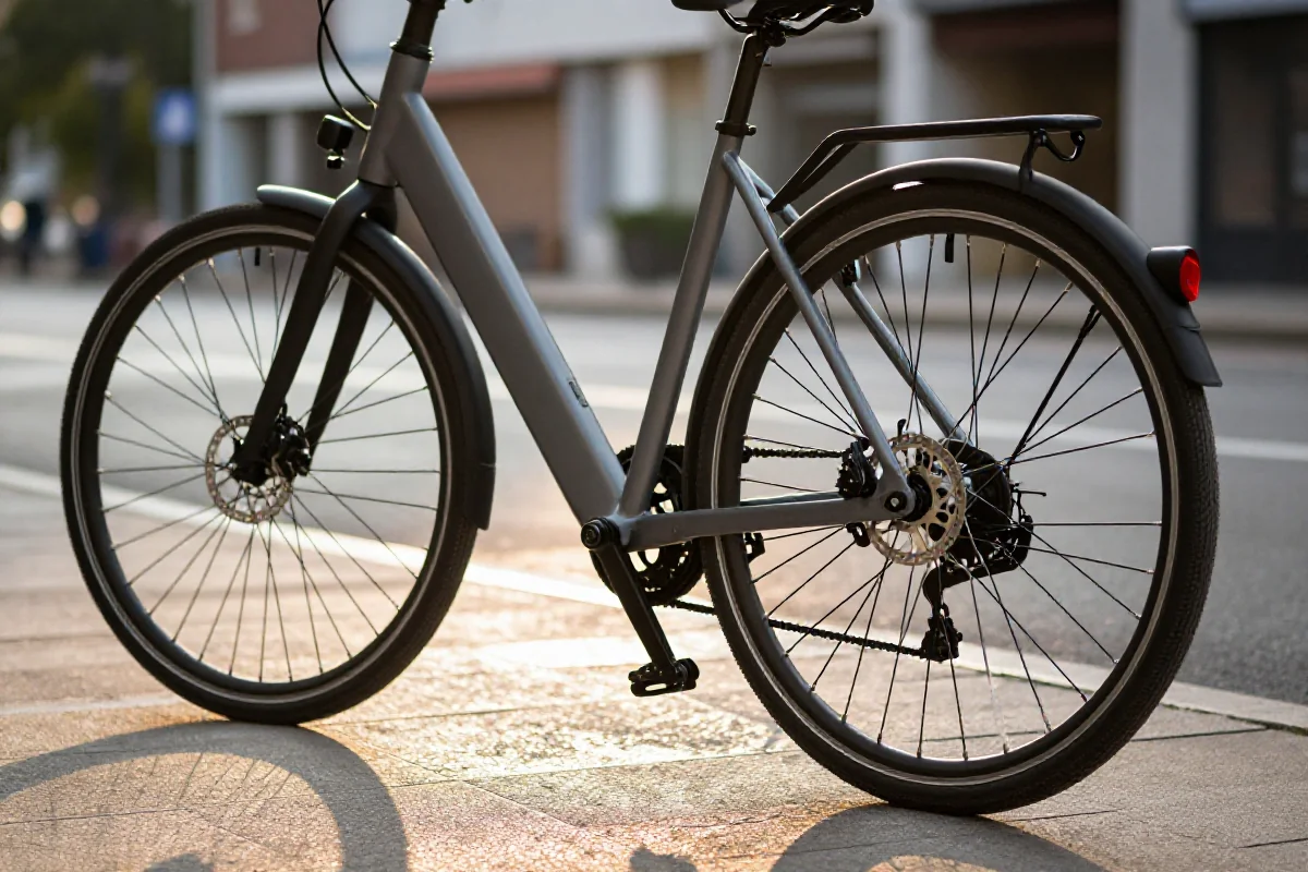 Rower miejski z silnikiem piastowym na ulicy, idealny do jazdy po mieście.