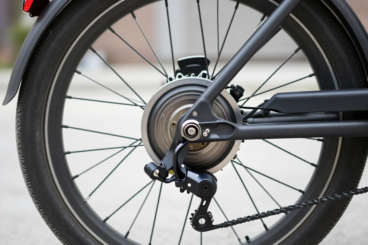 Silnik piasty roweru elektrycznego z bliska, szczegóły konstrukcji i komponentów.