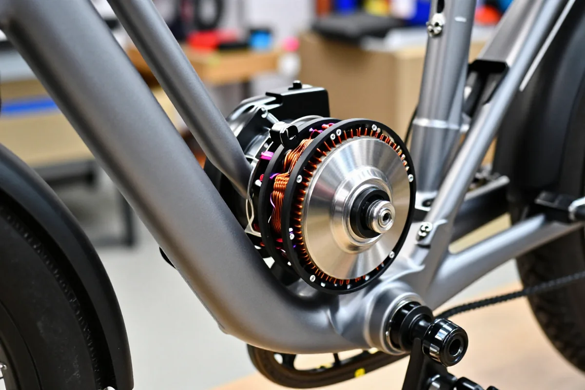 Silnik bezszczotkowy BLDC na ramie roweru elektrycznego, pokazujący detale konstrukcji.