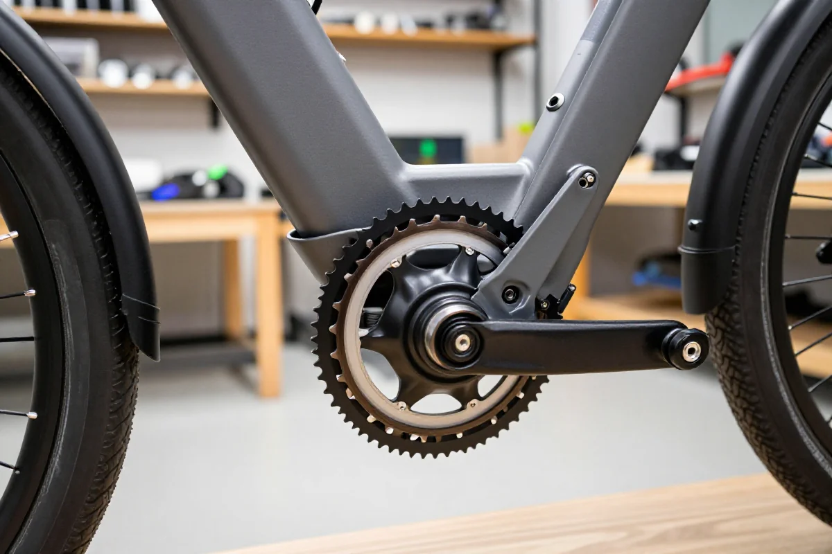 Zbliżenie na silnik środkowy w rowerze elektrycznym, ukazujące szczegóły konstrukcji.