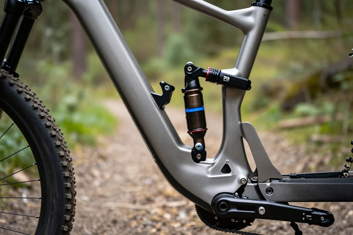 Zbliżenie na system zawieszenia single pivot w rowerze górskim