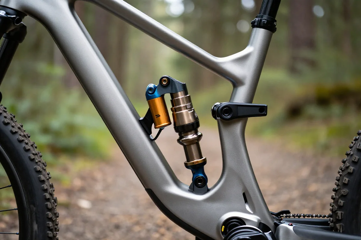 Zawieszenie single pivot w rowerze górskim na tle leśnej ścieżki.