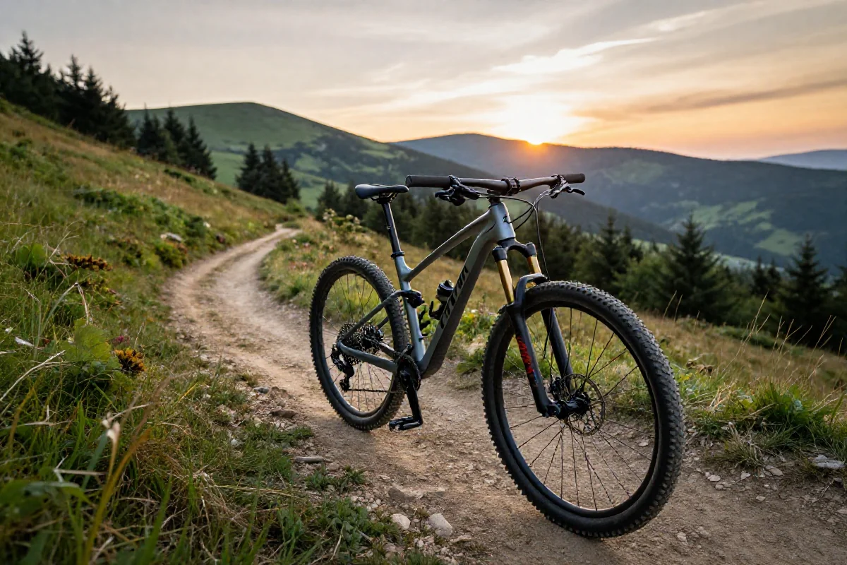 Rower górski na single-tracku w Beskidach, malowniczy krajobraz górski.