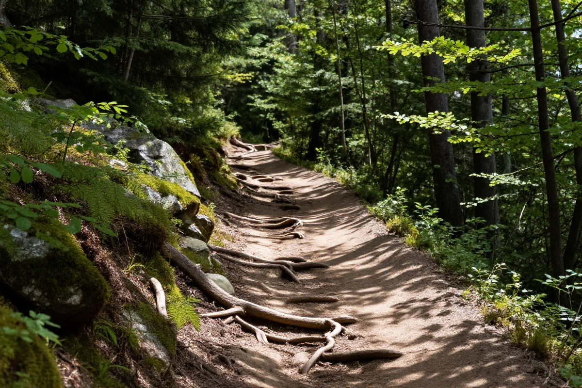 Wąska ścieżka singletrack w Górach Świętokrzyskich, idealna do jazdy MTB.