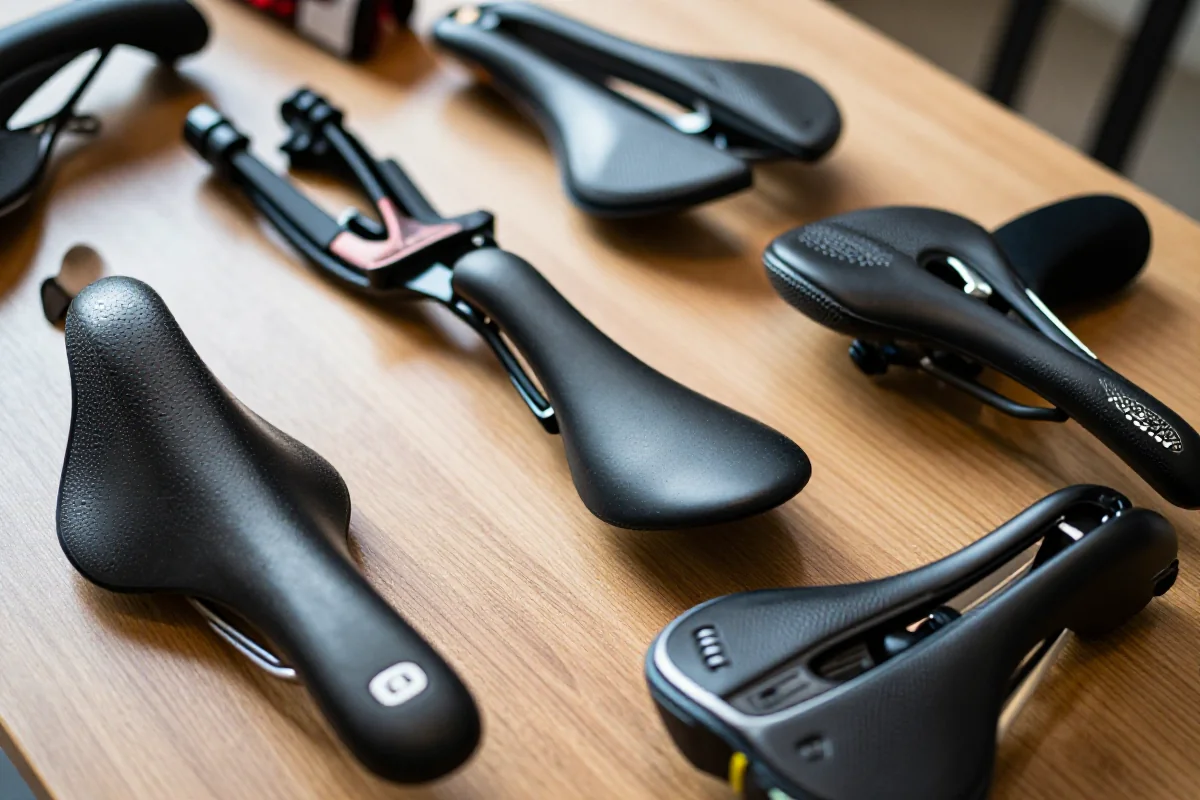 Różne typy siodełek rowerowych na drewnianej powierzchni, podkreślające materiały i ergonomię.