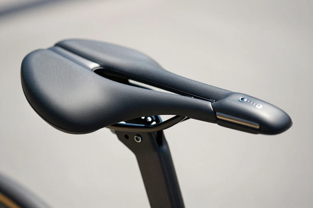 Szczegóły siodełka szosowego, ukazujące materiał, kształt i technologię odciążającą.