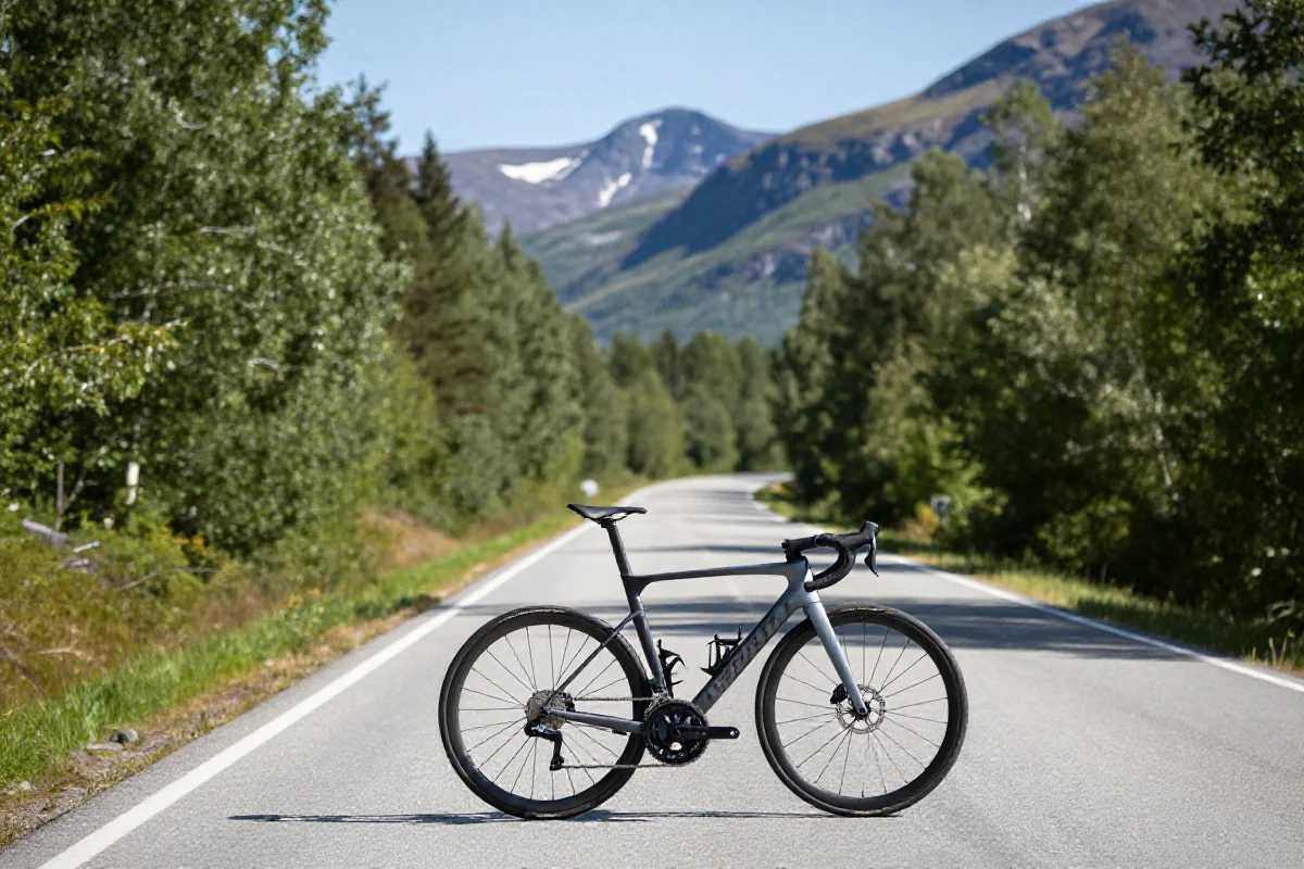 Sceniczna trasa rowerowa w Skandynawii z pięknym widokiem na góry.