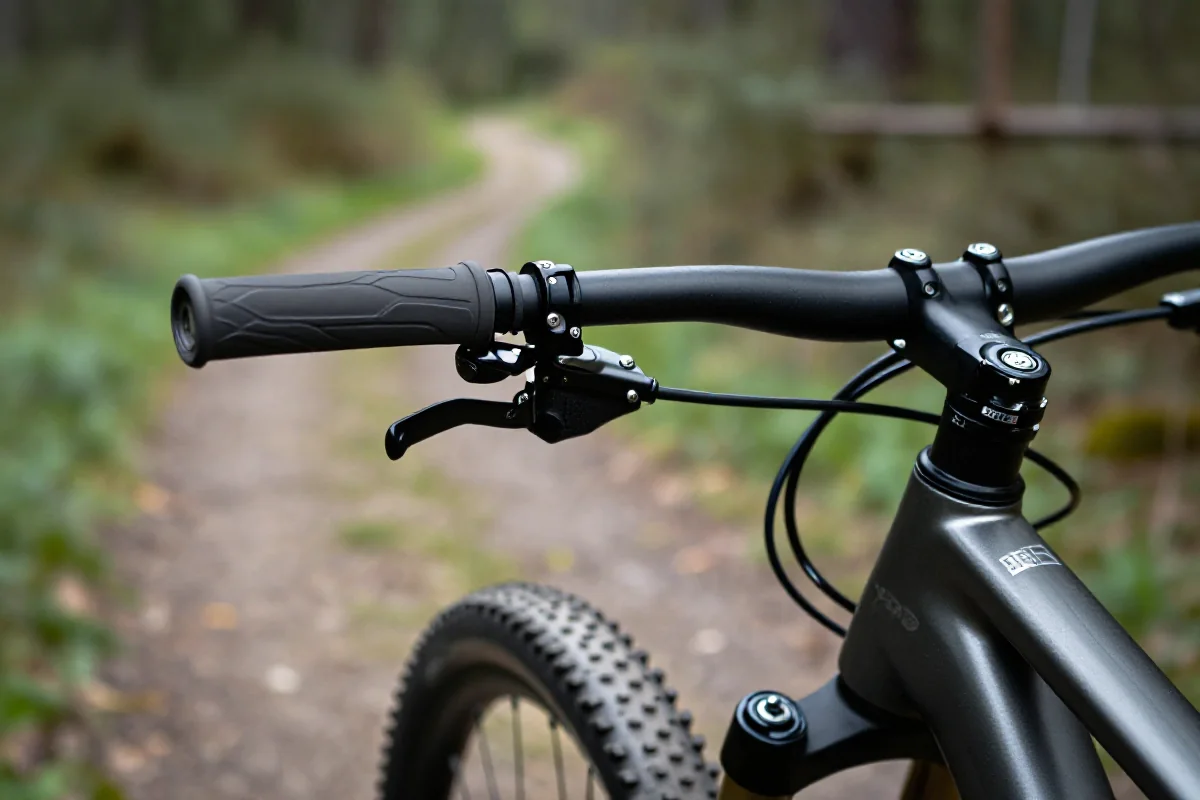 Zbliżenie na kierownicę roweru górskiego, pokazujące techniczne detale i komponenty.