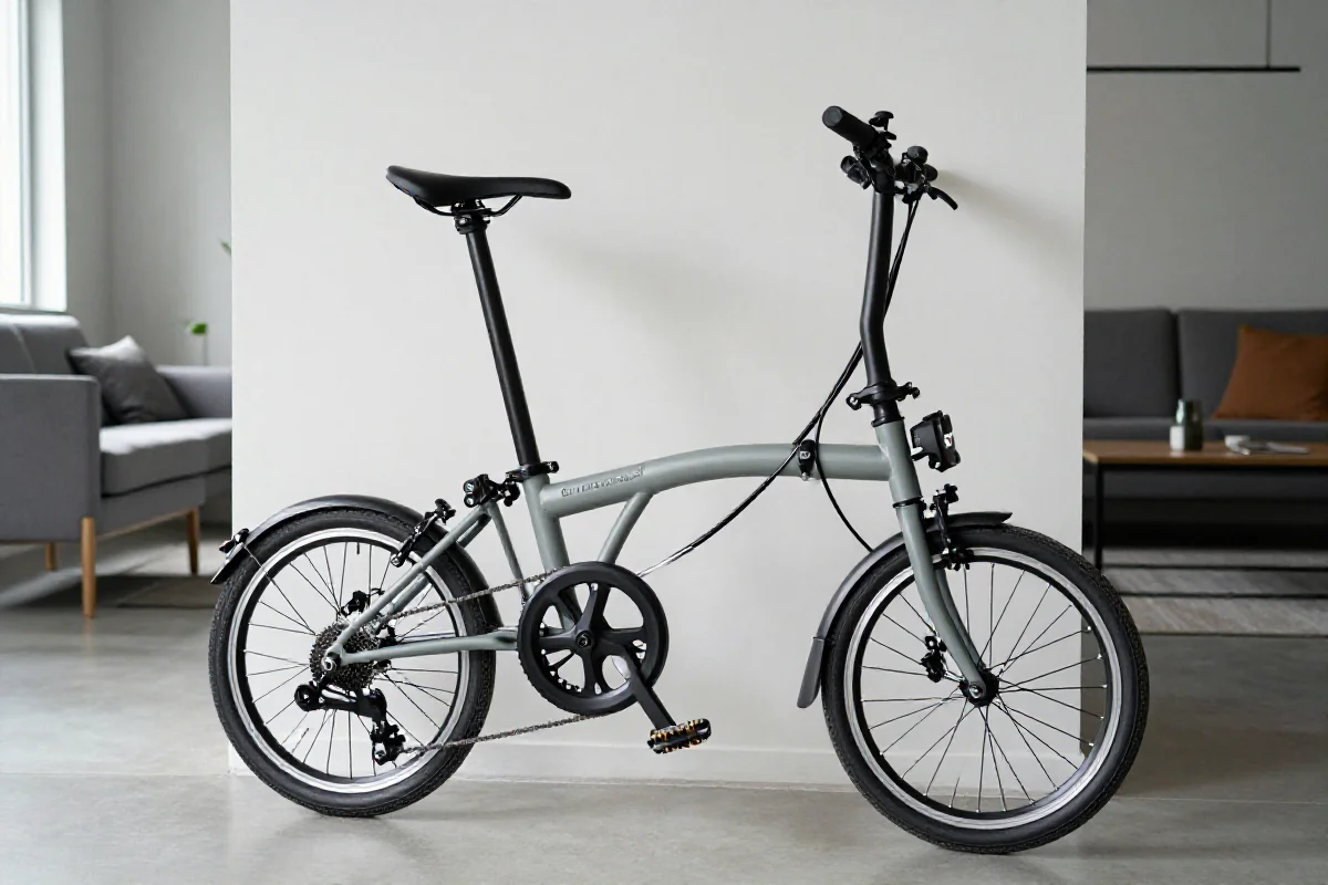 Składany rower elektryczny w nowoczesnym mieszkaniu, idealny do małych przestrzeni.
