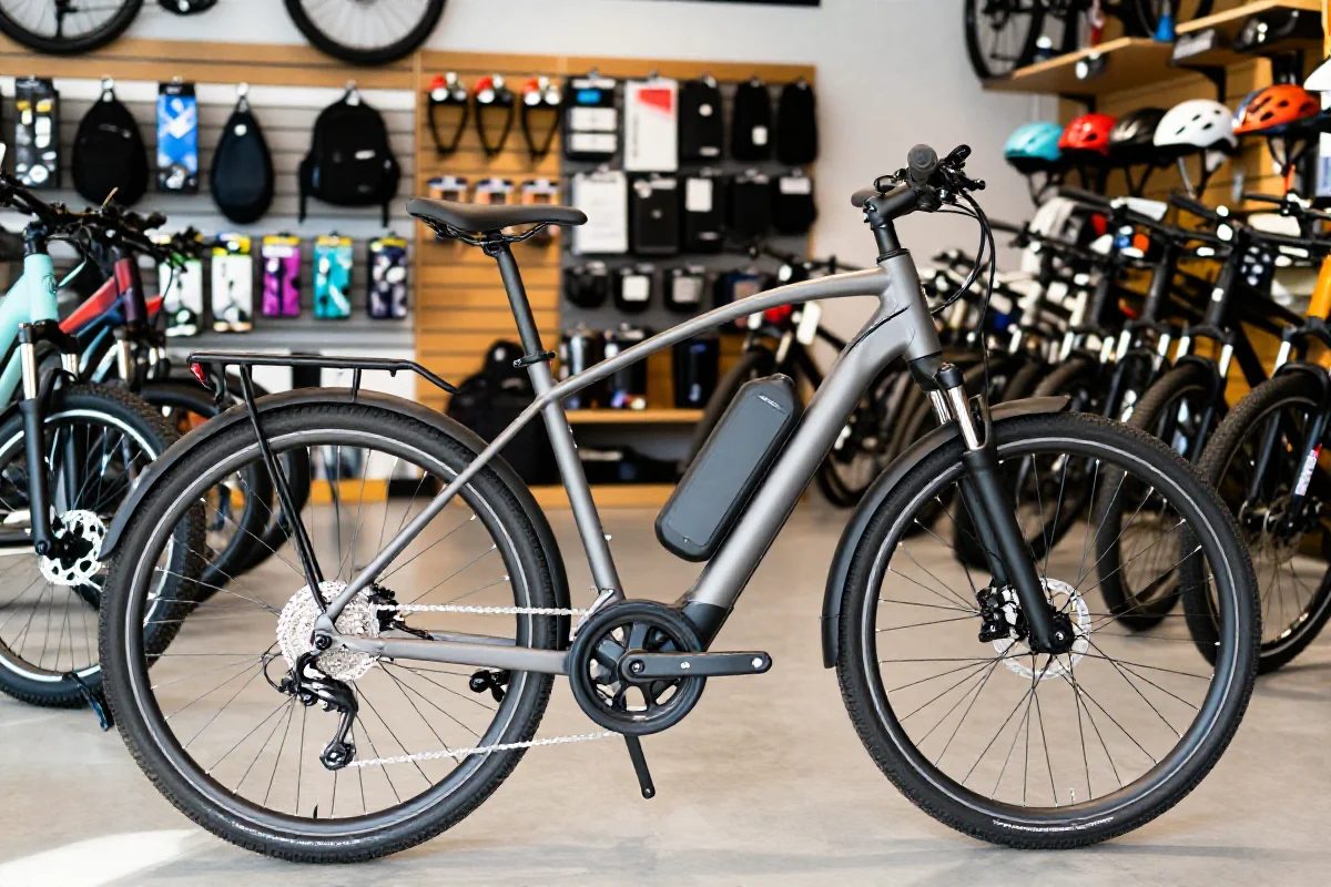 E-bike w sklepie stacjonarnym, podkreślający nowoczesne komponenty i akcesoria.