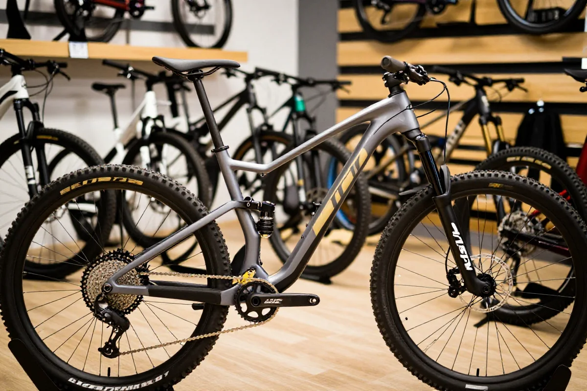Różne ramy rowerów górskich w specjalistycznym sklepie rowerowym.