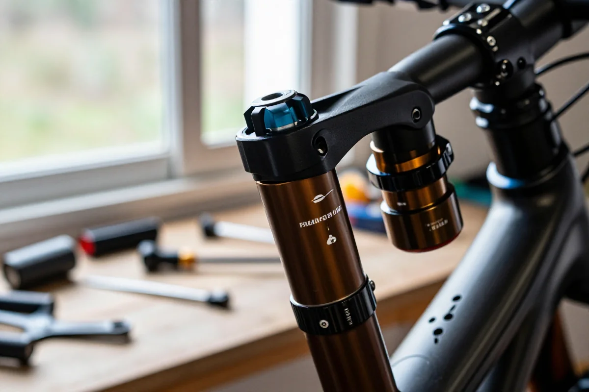 Regulowana sztyca podsiodłowa MTB z mechanizmem i oznaczeniami skoku.