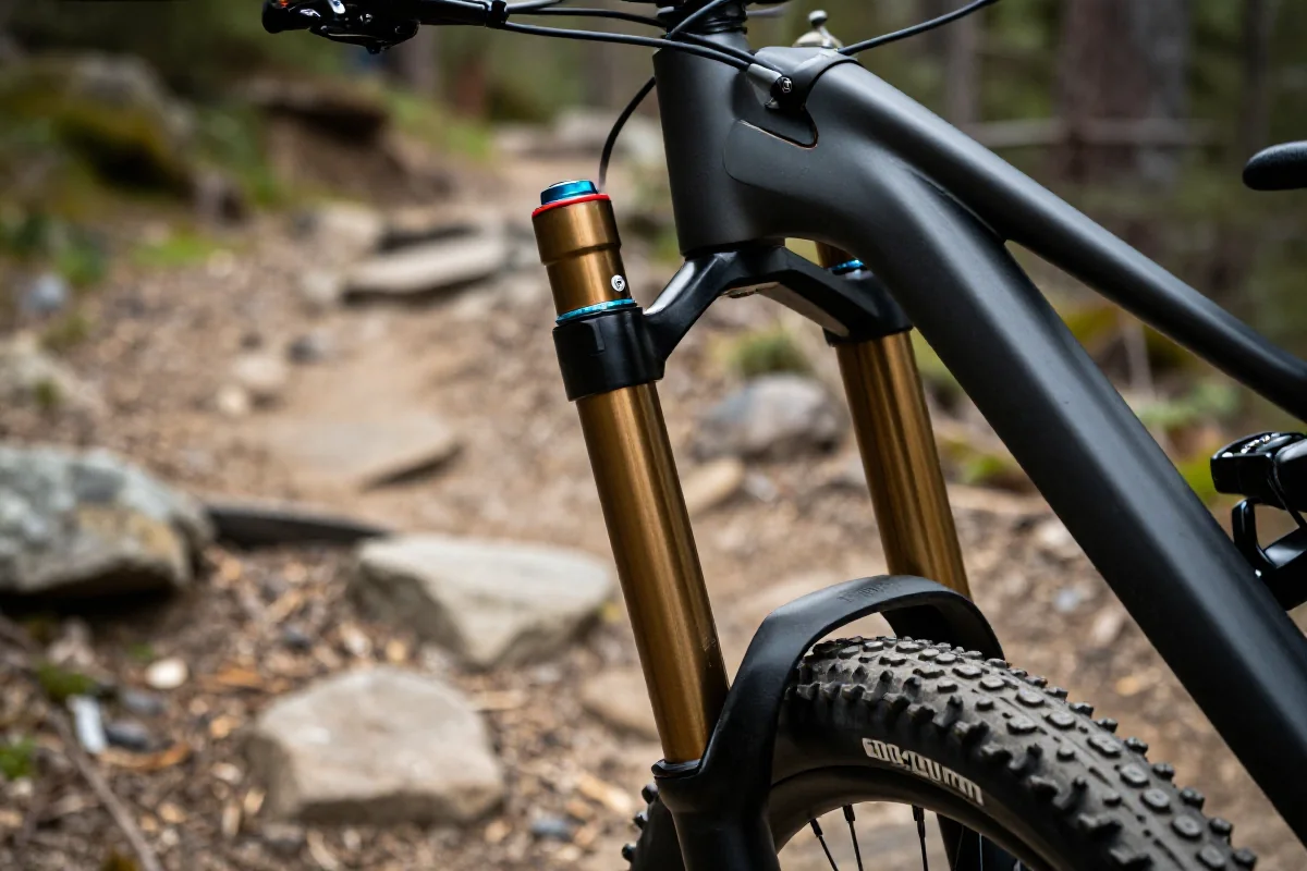 Szczegółowy widok widelca MTB z regulowanym skokiem 100-200mm na szlaku.