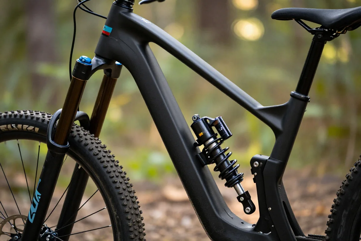 Szczegóły zawieszenia roweru górskiego w naturalnym otoczeniu
