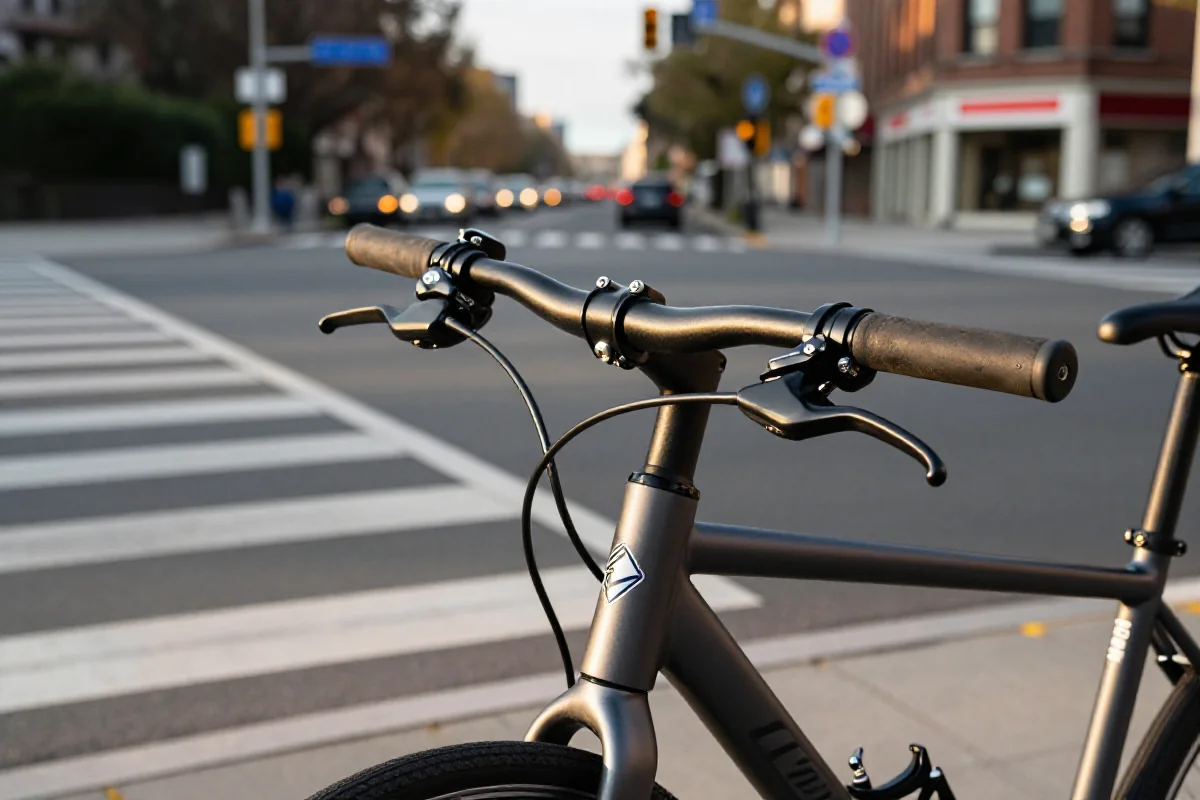 Rower miejski w ruchliwym skrzyżowaniu, z widocznymi hamulcami i przerzutkami.