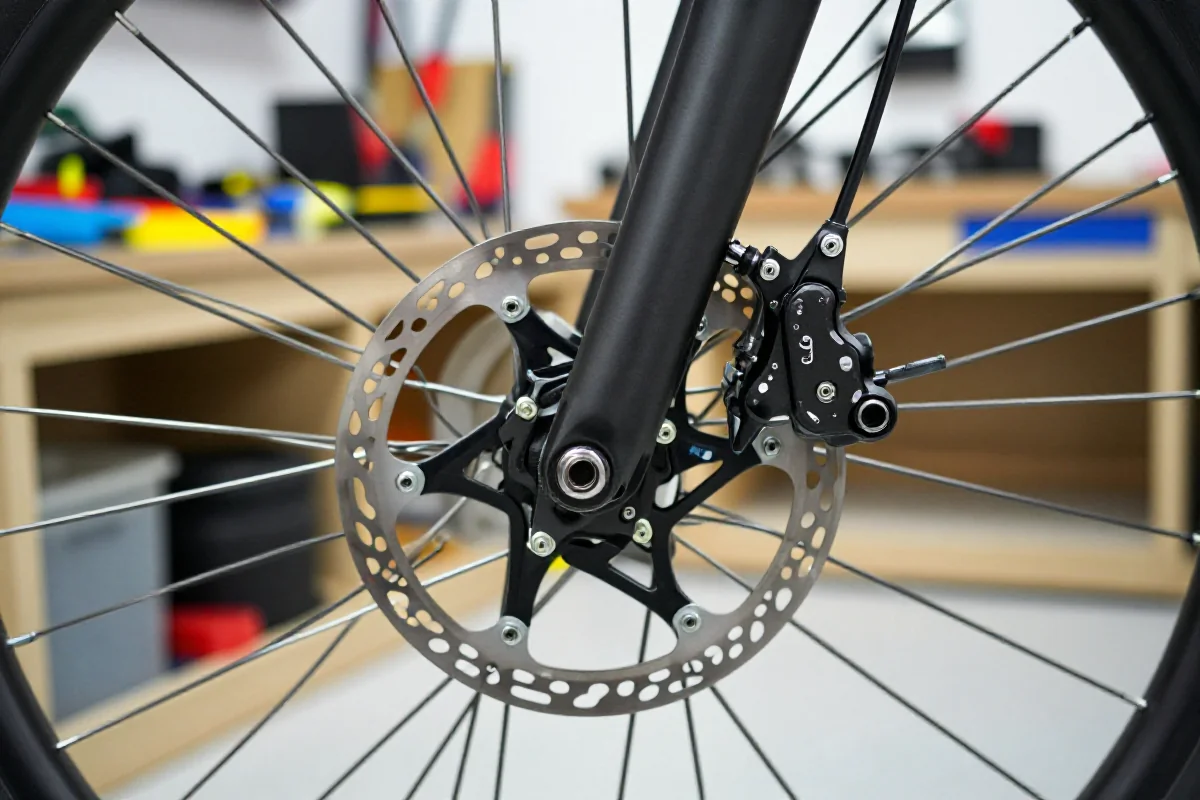 Zbliżenie na system hamulcowy roweru miejskiego z hamulcami tarczowymi i V-brake.