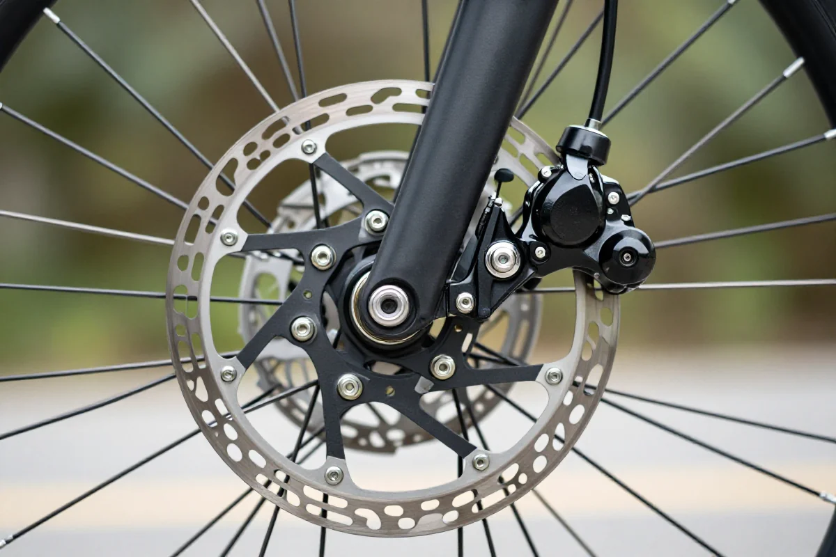 Słabe hamowanie tarczowe - widok na hamulce rowerowe i detale techniczne.