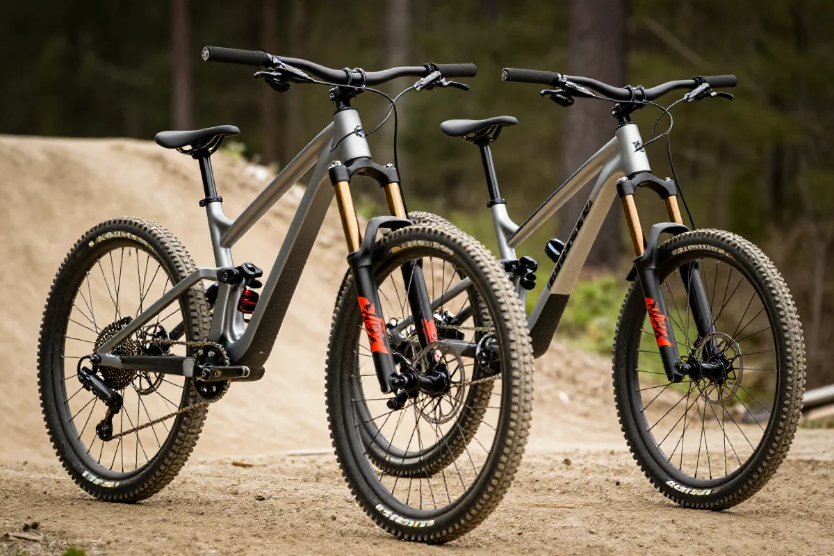 Rower górski typu dirt jump i slopestyle na ścieżce, ukazujące różnice konstrukcyjne.