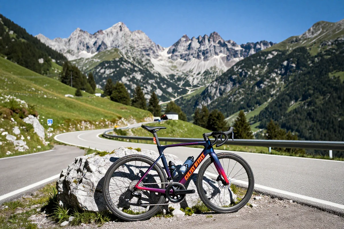 Widok na Alpy Julijskie ze sportowym rowerem w Słowenii.
