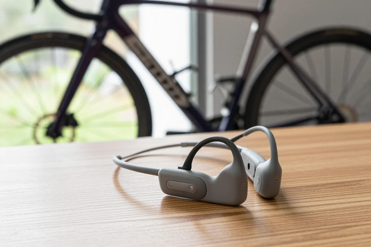 Słuchawki Bluetooth dla rowerzystów na stole obok roweru szosowego.
