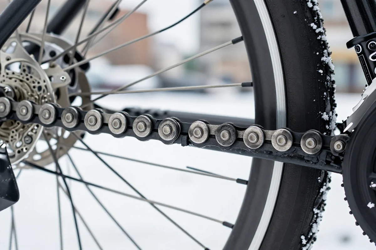 Smar do roweru miejskiego na zimę na łańcuchu w zimowej scenerii