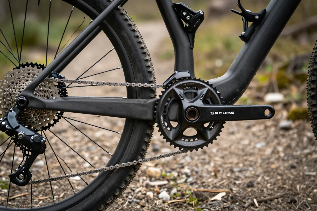 Szczegóły napędu roweru górskiego z widocznym smarem na łańcuchu