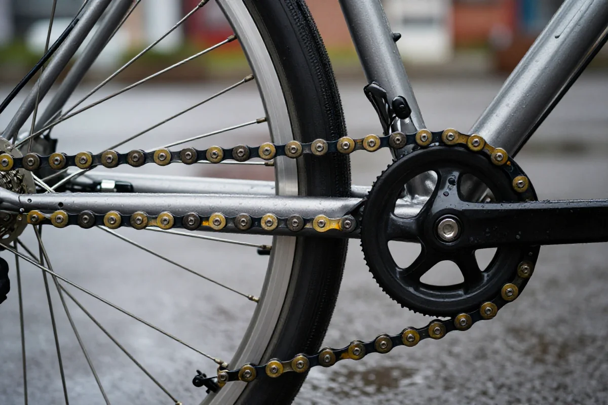 Smar mokry na łańcuchu roweru miejskiego w deszczowej scenerii