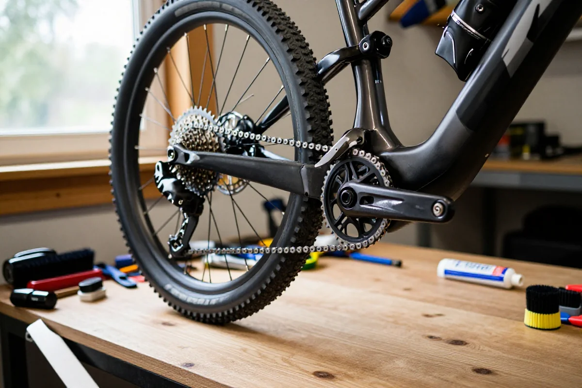 Zbliżenie na napęd roweru górskiego z dobrze nasmarowanym łańcuchem i zębatkami.