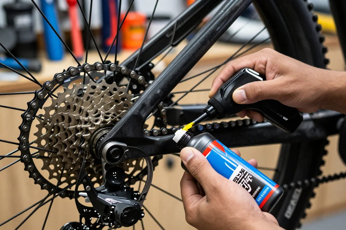 Smarowanie łańcucha roweru górskiego w warsztacie rowerowym.