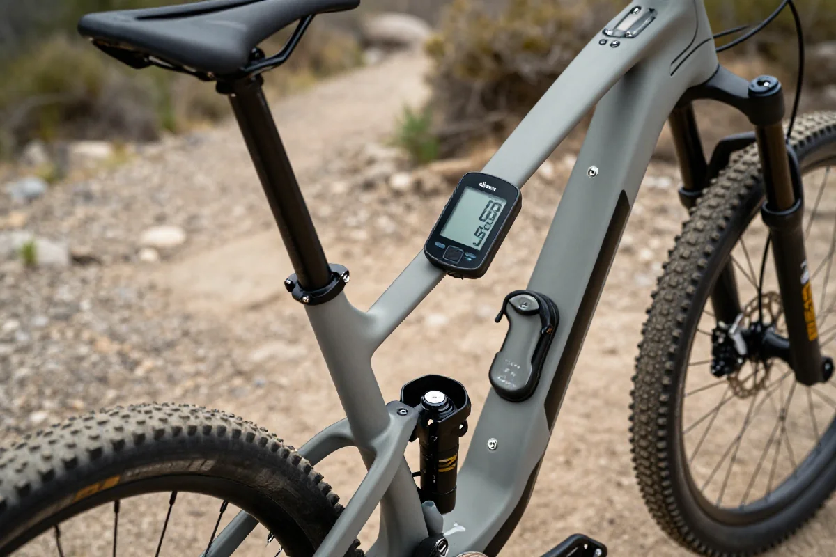 Nowoczesny rower górski z inteligentnymi akcesoriami na trasie MTB.