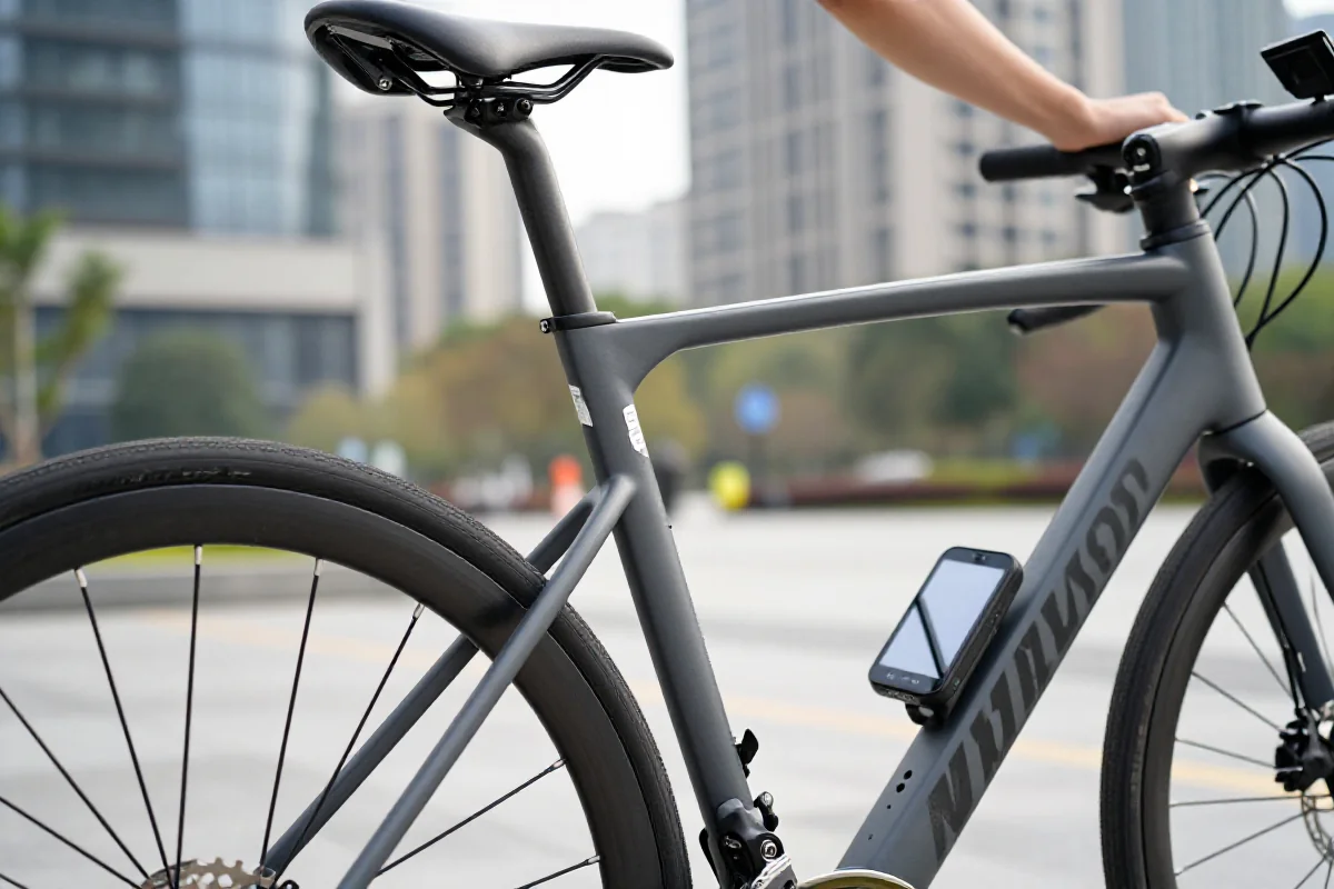 Nowoczesny rower miejski z systemem GPS i technologią smart w miejskim otoczeniu.