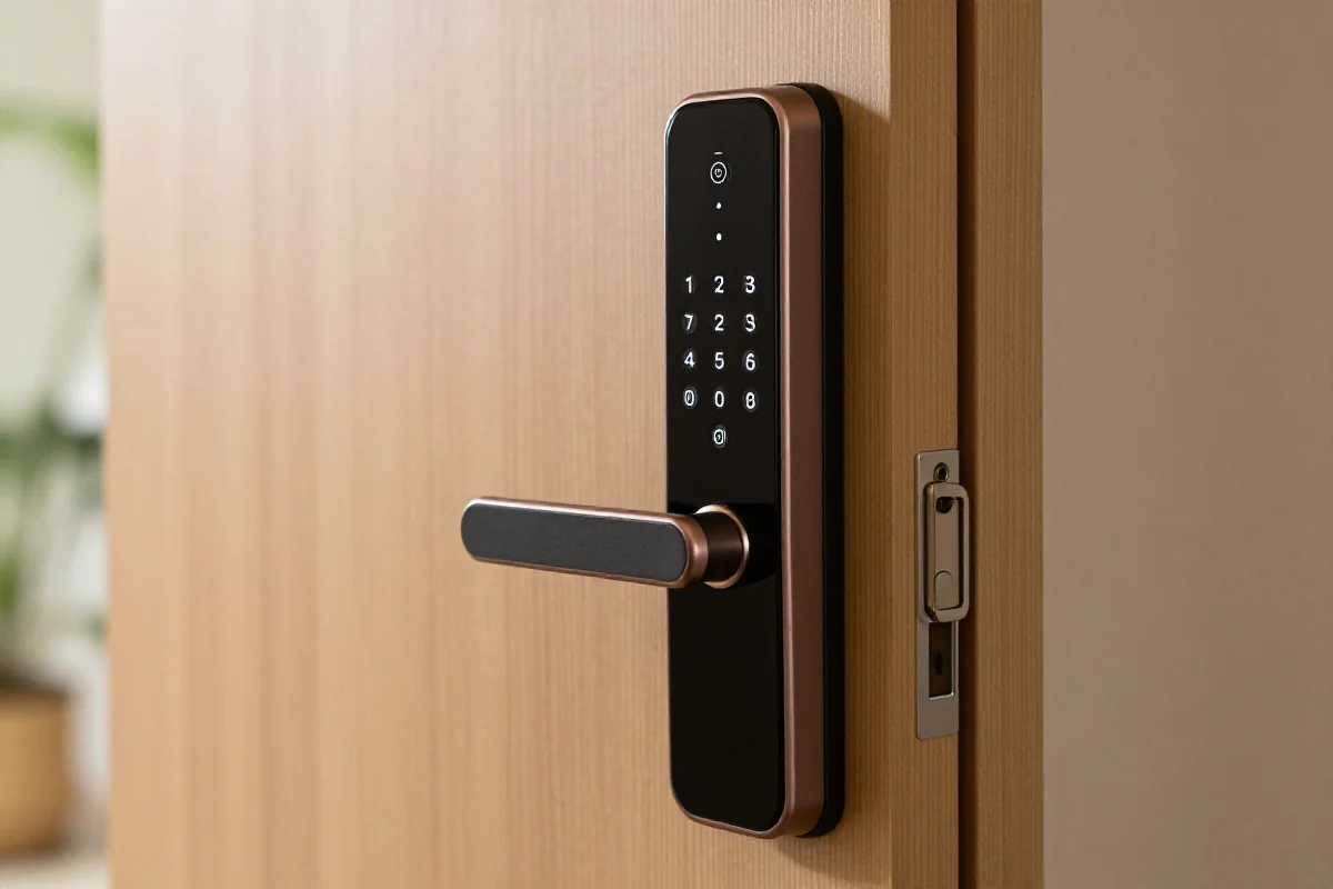 Nowoczesny zamek smart na drzwiach, ukazujący szczegóły elektroniczne i wygodę użytkowania.