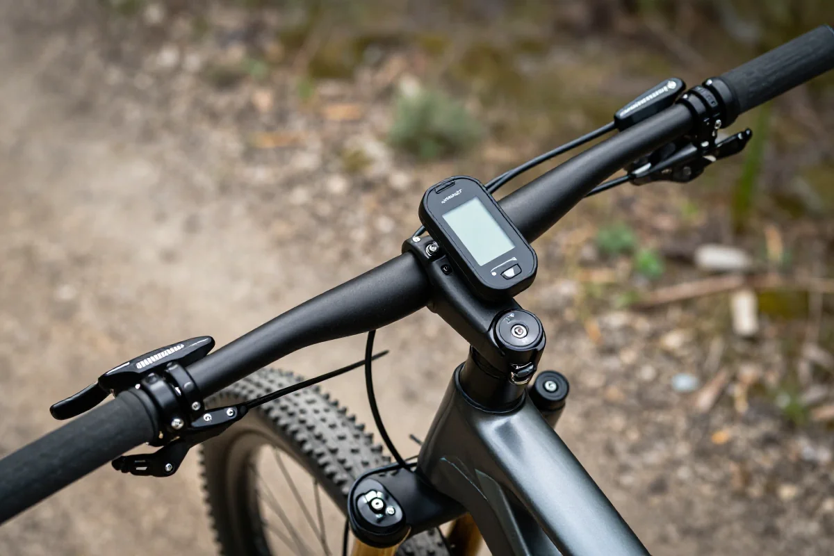 Nowoczesne akcesoria rowerowe, czujniki mocy i tętna na rowerze MTB.