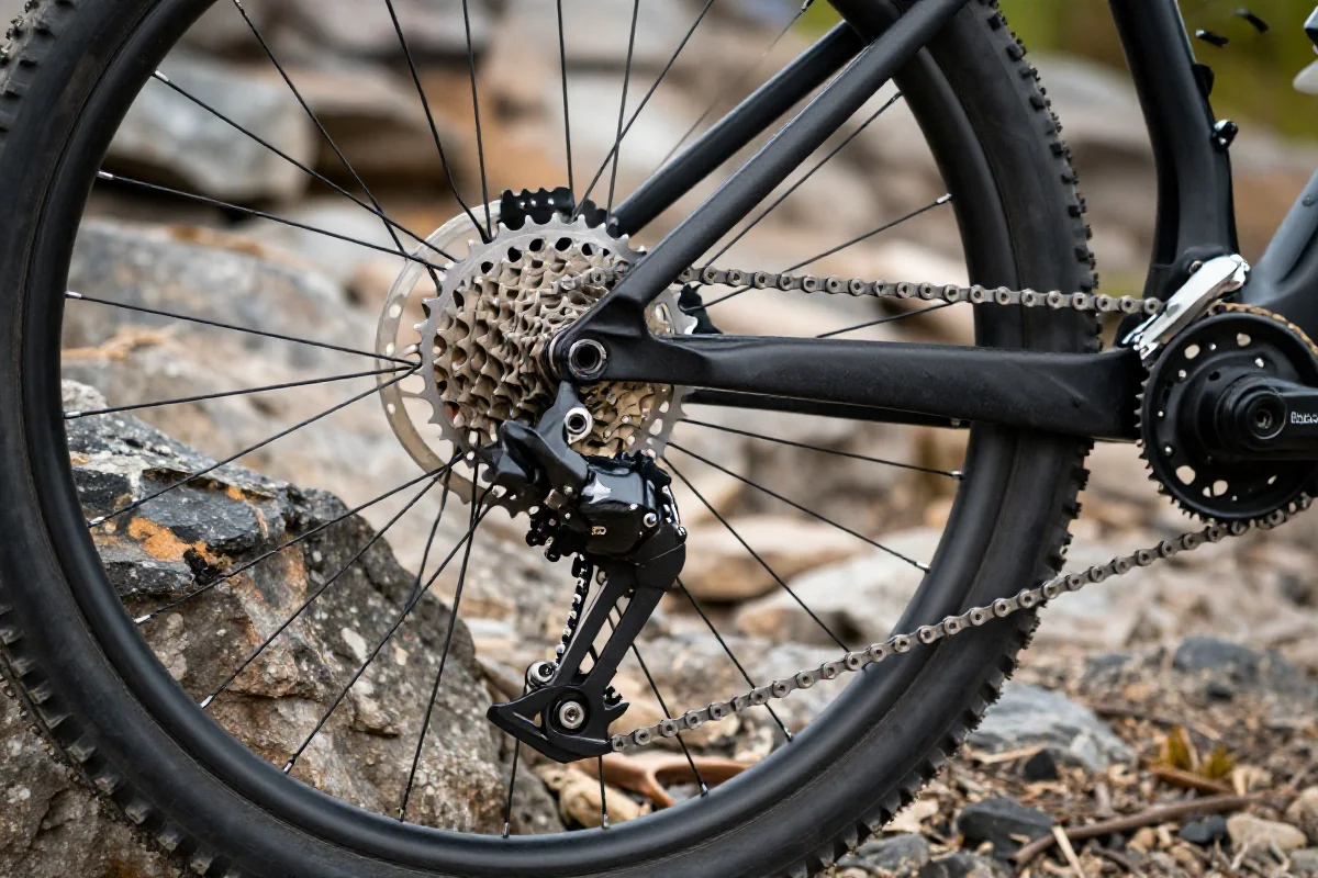 Szczegółowy widok napędu roweru górskiego na skalistej nawierzchni