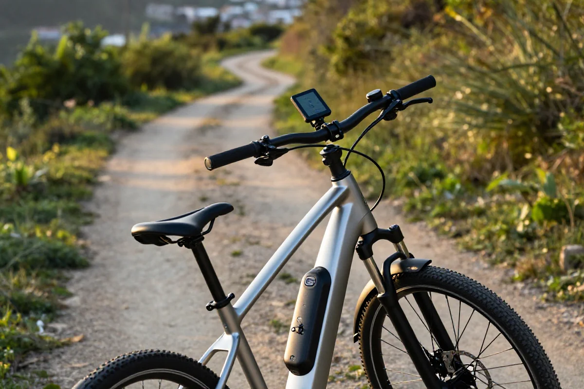 Nowoczesny e-bike z systemem GPS na kierownicy w malowniczej scenerii.