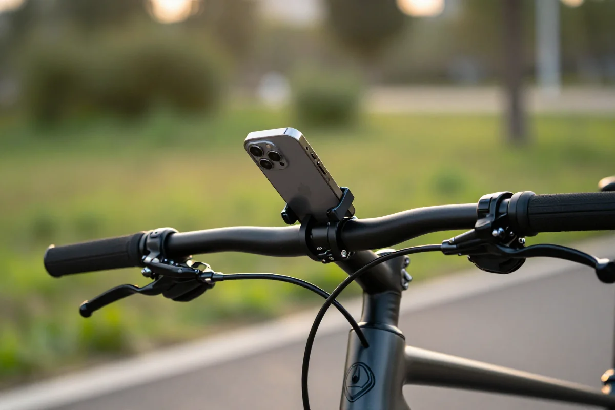 Mocowanie smartfona na kierownicy rowerowej w parku.