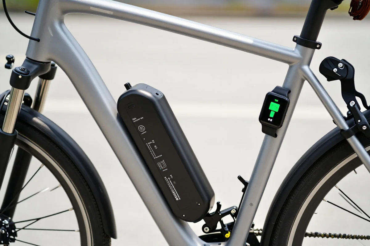 Smartwatch monitorujący stan baterii roweru elektrycznego w plenerze.
