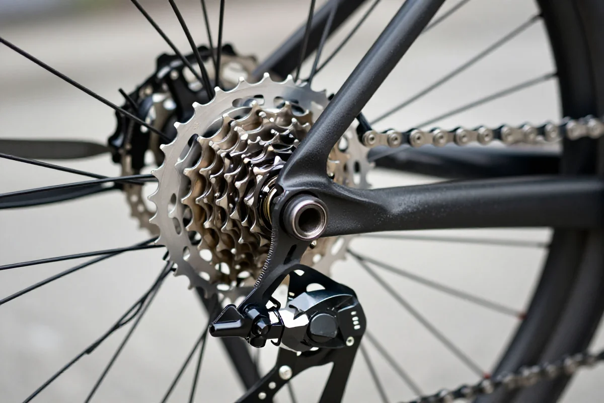 Szczegóły łańcucha i zębatek rowerowych z zastosowanym smarem ceramicznym.