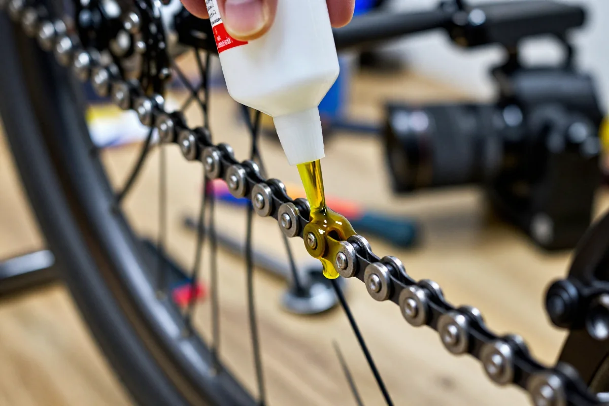 Smarowanie łańcucha rowerowego smarem wet w warsztacie