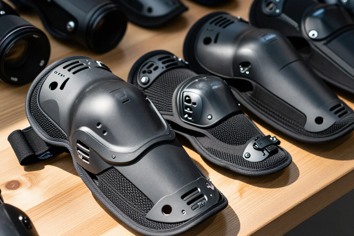 Ochraniacze kolan typu soft shell i hard shell na drewnianej powierzchni