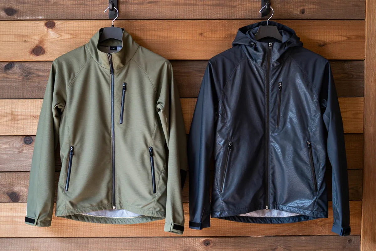 Rower górski z kurtkami softshell i hardshell na tle drewnianym.