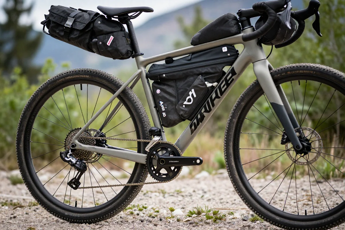 Rower gravelowy przygotowany do solo bikepackingu na leśnej trasie.