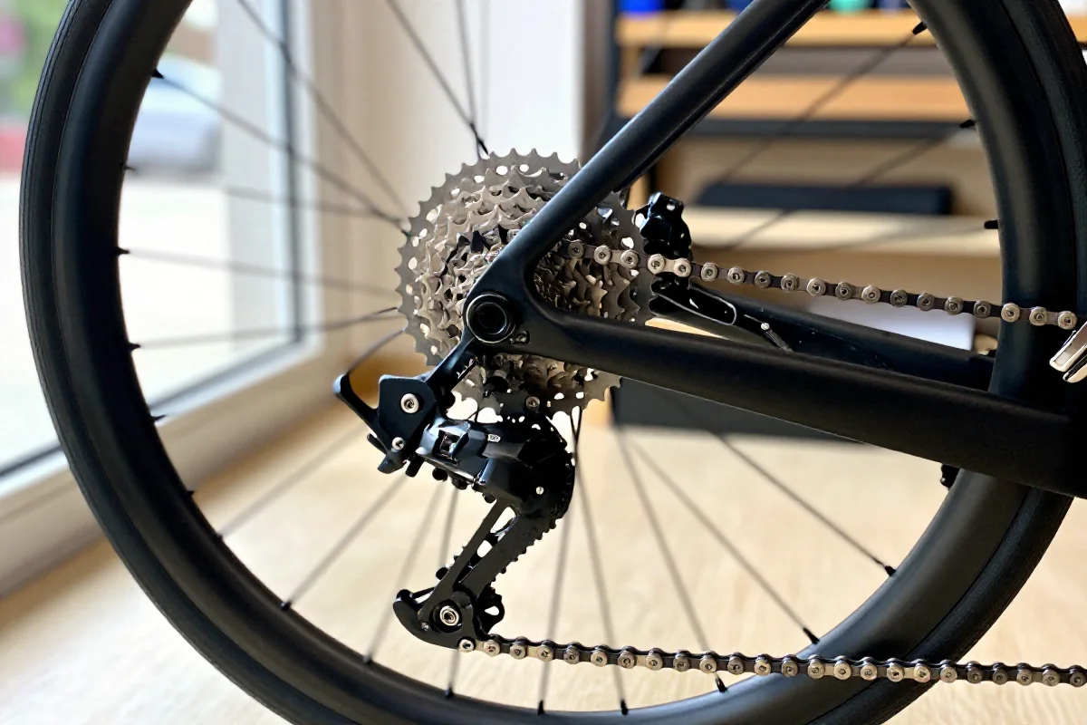 Szczegóły napędu roweru miejskiego z łańcuchem i kasetą.