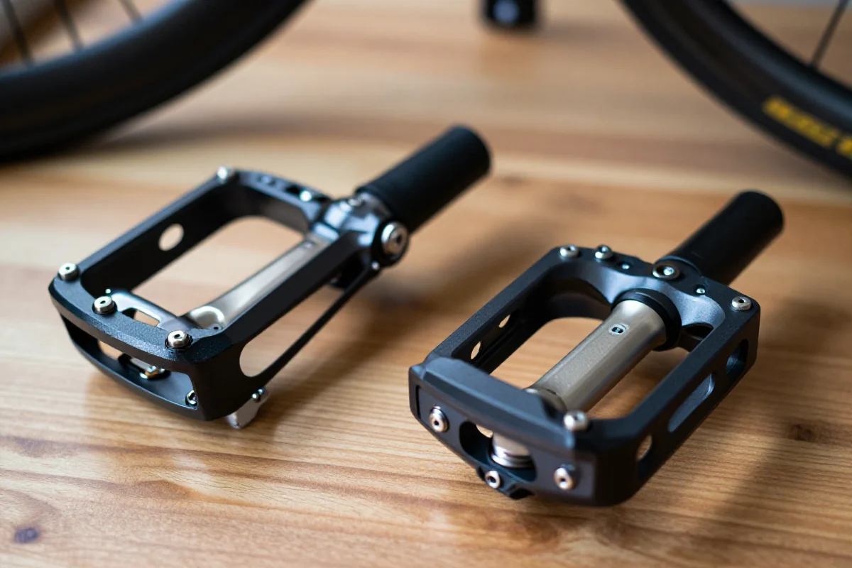 Porównanie systemów pedałów zatrzaskowych SPD-SL i Look Keo na drewnianej powierzchni.