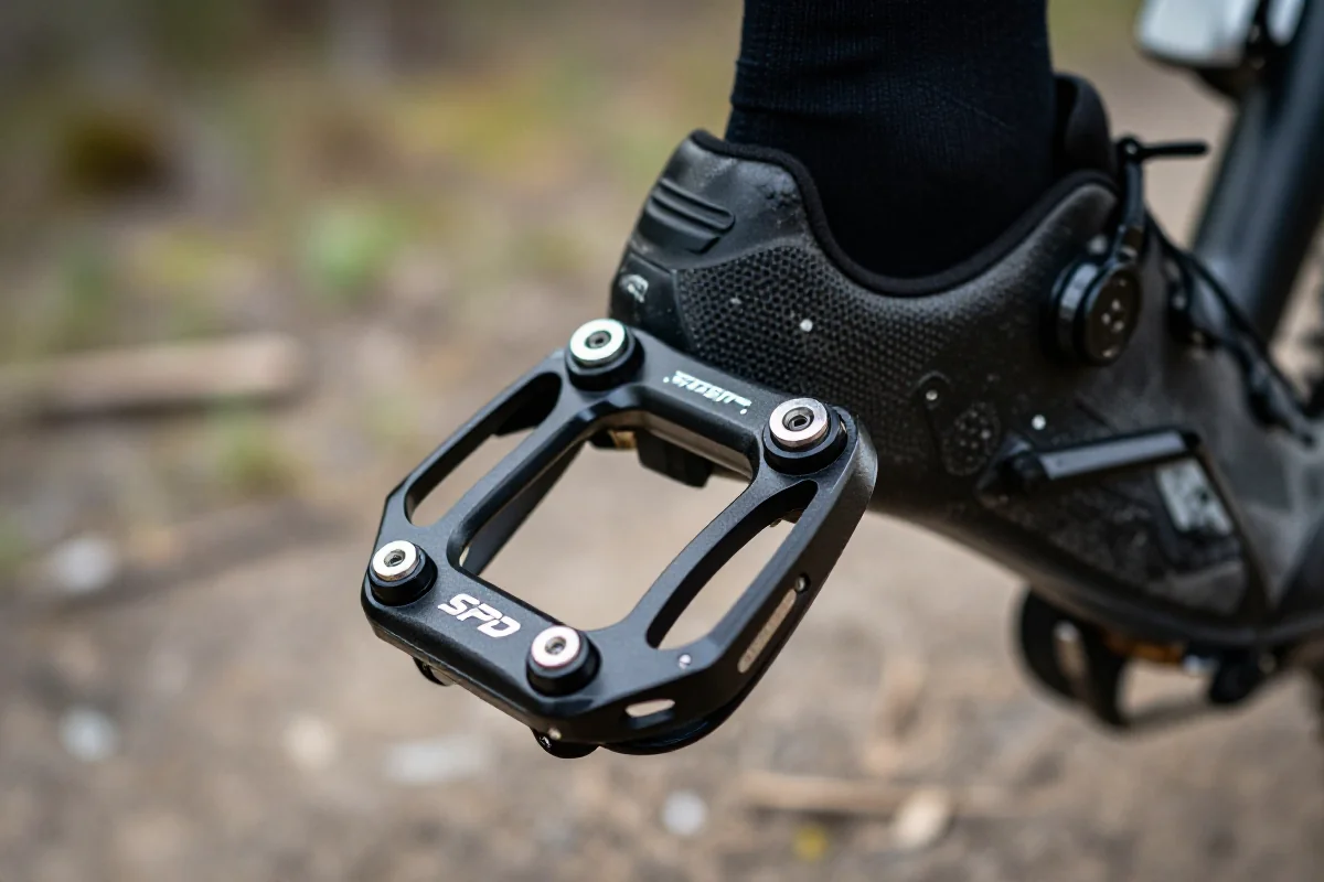 Zbliżenie pedałów SPD na rowerze górskim w naturalnym otoczeniu.