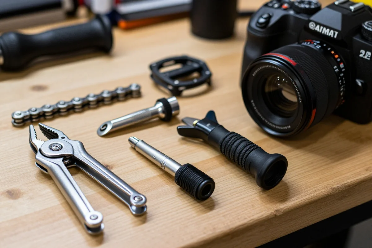 Zestaw specjalistycznych narzędzi terenowych do rowerów MTB na stole warsztatowym